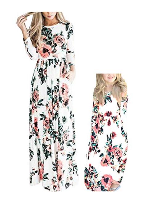 Qin.Orianna Mommy and Me Maxi Dresses,3 4 Sleeve Bohemia Rose Floral Matching Outfits with Pocket