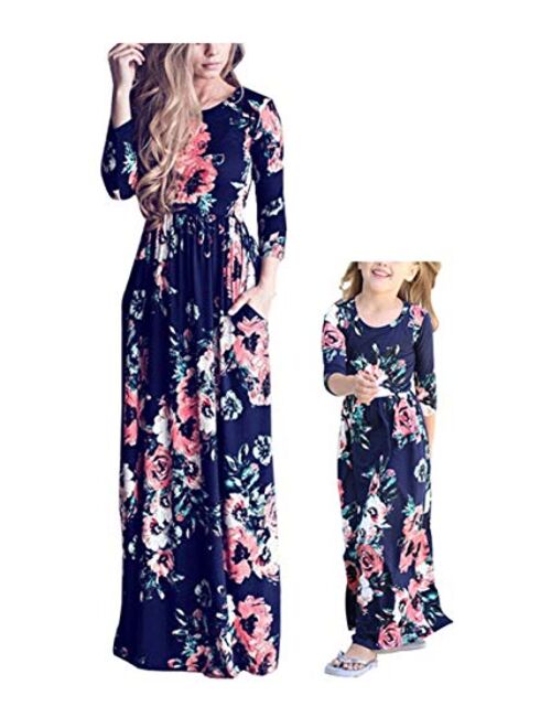 Qin.Orianna Mommy and Me Maxi Dresses,3 4 Sleeve Bohemia Rose Floral Matching Outfits with Pocket