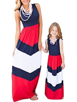 4th of July American Flag Mommy and Me Stripe Stitching Beach Maxi Dresses