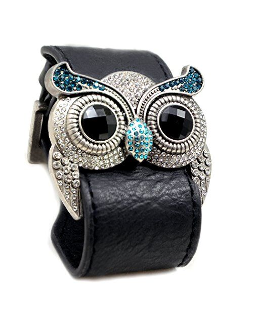 Accents Kingdom Silver Color Crystal Owl Leather Cuff Bracelet