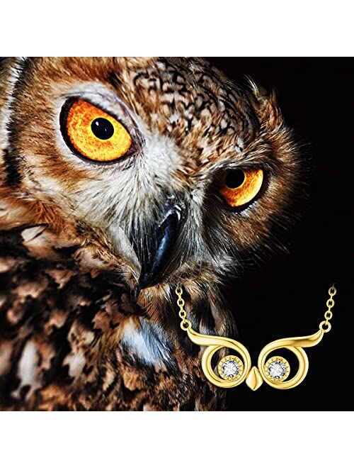 14K Solid Yellow Gold Owl Cute Pendant Necklace with Cubic Zircon Fine Jewelry Mothers Day Anniversary Birthday Gifts for Women Teen Girls Lover Wife Grandma,16+2 Inch