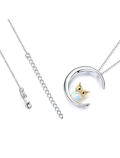 JUSTKIDSTOY Owl Necklace Sterling Silver Opal Owl Necklace Crescent Moon Pendant Owl Jewelry Gifts for Women Owl Lovers,for Mom Mother's Day