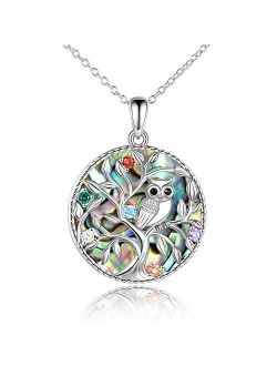 Sterling Silver Tree of Life Owl Necklace Abalone Shell Pendant Necklace for Women Jewelry