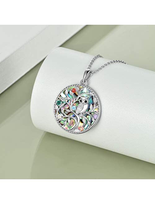 Sterling Silver Tree of Life Owl Necklace Abalone Shell Pendant Necklace for Women Jewelry