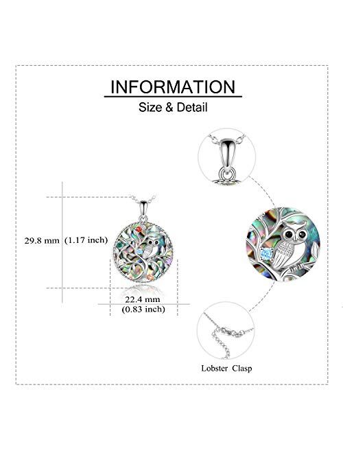 Sterling Silver Tree of Life Owl Necklace Abalone Shell Pendant Necklace for Women Jewelry