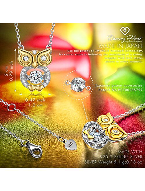 DANCING HEART Christmas Jewelry Gifts for Mom 925 Sterling Silver Owl Animal Necklace for Women Pendant Dancing Stone Necklace Jewelry for Women Jewelry Gift for Women CZ