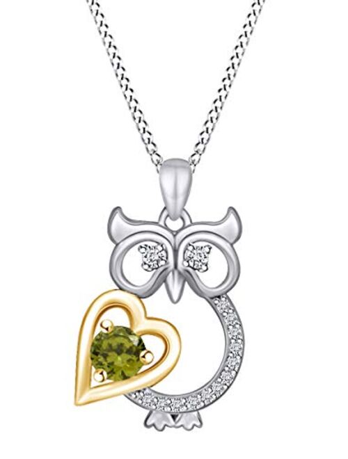 AFFY Mother's Day Jewelry Gift Two Tone Owl with Heart Pendant Necklace in 14k Gold Plated 925 Sterling Silver with 18" Chain