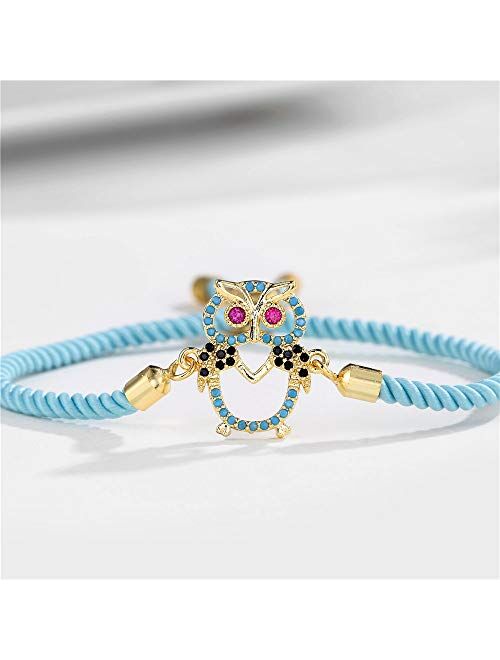 Trendy Blue Handmade Life Tree Rope String Bracelet Gold Cute Lovely Owl Charm Bracelet Turquoise Inlay Jewelry Female