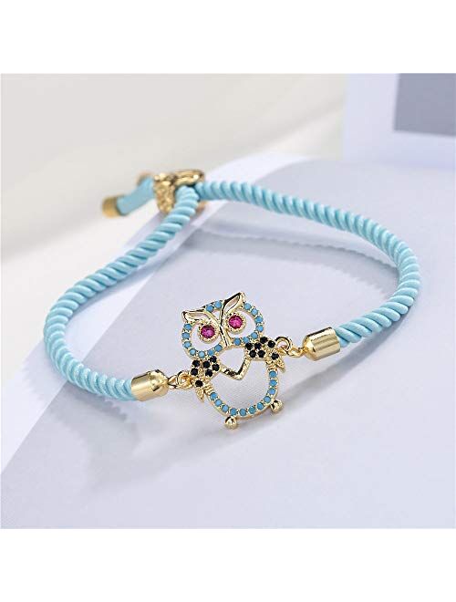 Trendy Blue Handmade Life Tree Rope String Bracelet Gold Cute Lovely Owl Charm Bracelet Turquoise Inlay Jewelry Female