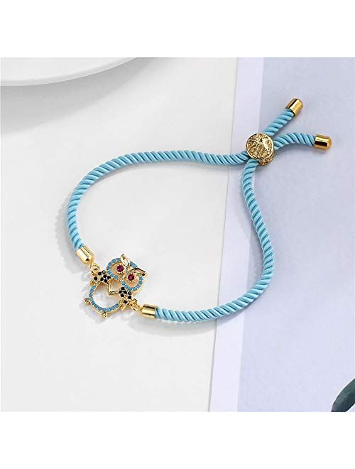 Trendy Blue Handmade Life Tree Rope String Bracelet Gold Cute Lovely Owl Charm Bracelet Turquoise Inlay Jewelry Female