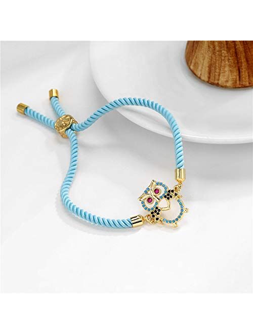 Trendy Blue Handmade Life Tree Rope String Bracelet Gold Cute Lovely Owl Charm Bracelet Turquoise Inlay Jewelry Female