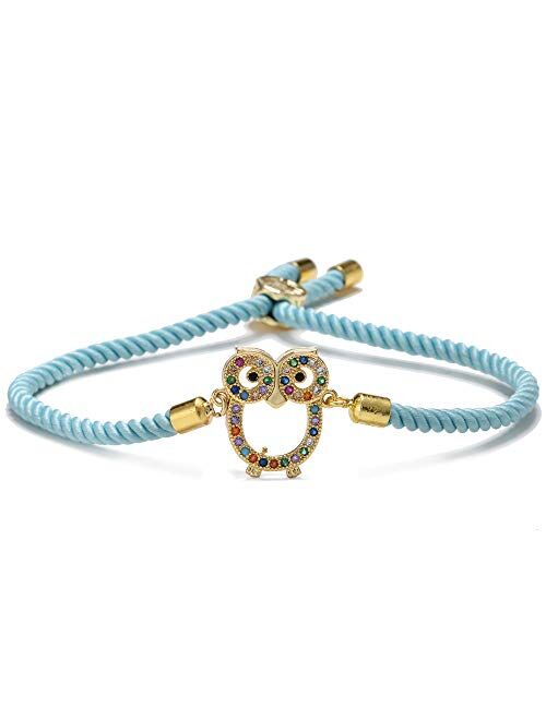 Trendy Blue Handmade Life Tree Rope String Bracelet Gold Cute Lovely Owl Charm Bracelet Turquoise Inlay Jewelry Female