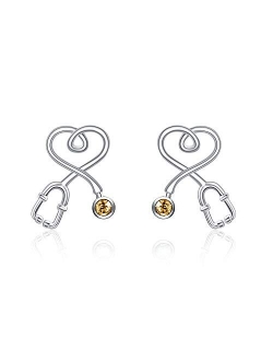 Nurse Earrings Heart Studs Sterling Silver Stethoscope Earrings Simulated Birthstone Crystals, Fine Jewelry Gifts for Nurse Doctor RN Medical Student