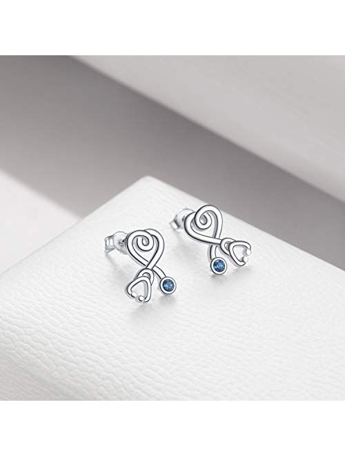 Nurse Earrings Heart Studs Sterling Silver Stethoscope Earrings Simulated Birthstone Crystals, Fine Jewelry Gifts for Nurse Doctor RN Medical Student