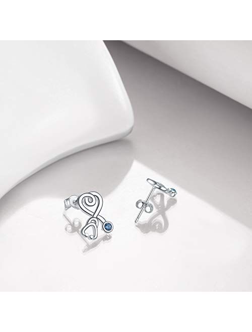 Nurse Earrings Heart Studs Sterling Silver Stethoscope Earrings Simulated Birthstone Crystals, Fine Jewelry Gifts for Nurse Doctor RN Medical Student