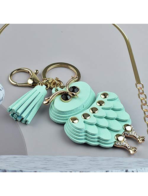 Azurastone Cute Rhinestone Leather Tassel Owl Birds Keychain for Women Girls Purse Bag Charms Car Accessories Gift