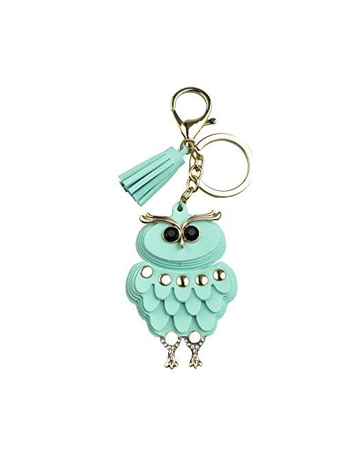 Azurastone Cute Rhinestone Leather Tassel Owl Birds Keychain for Women Girls Purse Bag Charms Car Accessories Gift