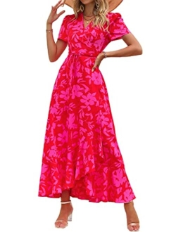 Women's Summer Wrap Maxi Dress Casual Boho Floral V Neck Short Sleeve Ruffle Hem Split Beach Long Dresses