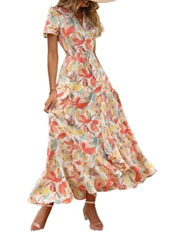 Women's Summer Wrap Maxi Dress Casual Boho Floral V Neck Short Sleeve Ruffle Hem Split Beach Long Dresses