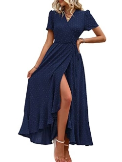 Women's Summer Wrap Maxi Dress Casual Boho Floral V Neck Short Sleeve Ruffle Hem Split Beach Long Dresses