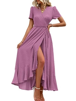 Women's Summer Wrap Maxi Dress Casual Boho Floral V Neck Short Sleeve Ruffle Hem Split Beach Long Dresses