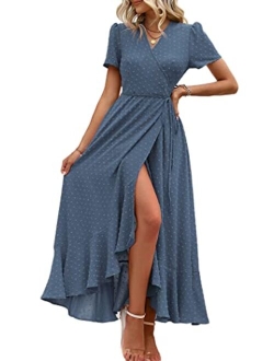 Women's Summer Wrap Maxi Dress Casual Boho Floral V Neck Short Sleeve Ruffle Hem Split Beach Long Dresses