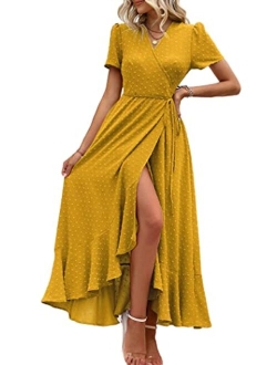 Women's Summer Wrap Maxi Dress Casual Boho Floral V Neck Short Sleeve Ruffle Hem Split Beach Long Dresses