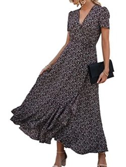 Women's Summer Wrap Maxi Dress Casual Boho Floral V Neck Short Sleeve Ruffle Hem Split Beach Long Dresses