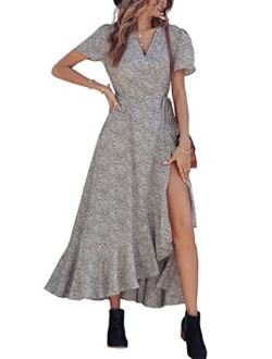 Women's Summer Wrap Maxi Dress Casual Boho Floral V Neck Short Sleeve Ruffle Hem Split Beach Long Dresses