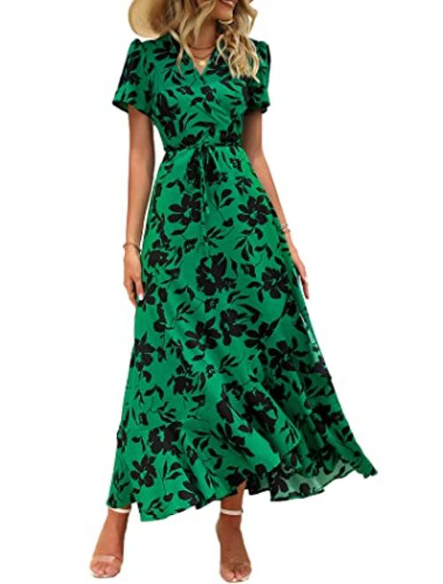 PRETTYGARDEN Women's Summer Wrap Maxi Dress Casual Boho Floral V Neck Short Sleeve Ruffle Hem Split Beach Long Dresses