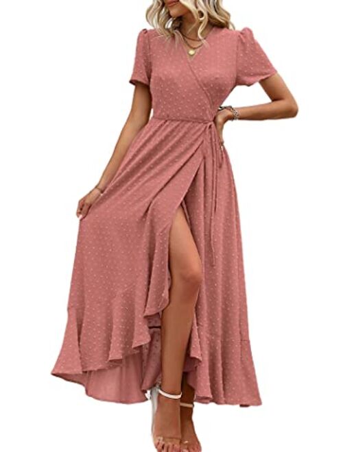 PRETTYGARDEN Women's Summer Wrap Maxi Dress Casual Boho Floral V Neck Short Sleeve Ruffle Hem Split Beach Long Dresses