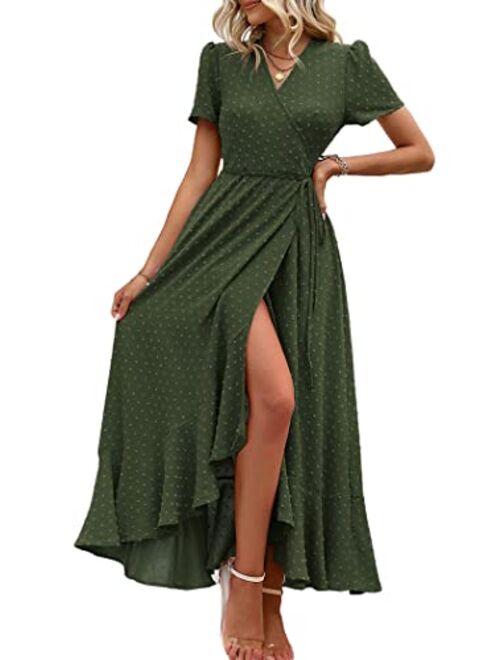 PRETTYGARDEN Women's Summer Wrap Maxi Dress Casual Boho Floral V Neck Short Sleeve Ruffle Hem Split Beach Long Dresses