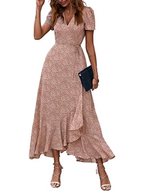 PRETTYGARDEN Women's Summer Wrap Maxi Dress Casual Boho Floral V Neck Short Sleeve Ruffle Hem Split Beach Long Dresses