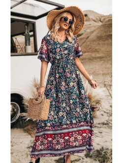 Women's Casual Floral Print V Neck Short Sleeve Summer Boho Beach Dress High Waist Long Maxi Dresses