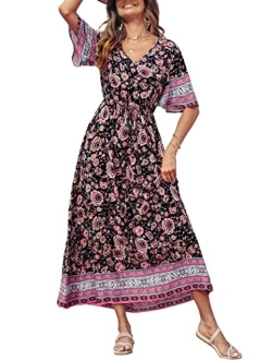 Women's Casual Floral Print V Neck Short Sleeve Summer Boho Beach Dress High Waist Long Maxi Dresses