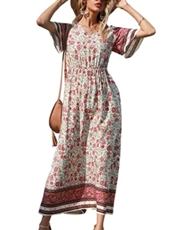 Women's Casual Floral Print V Neck Short Sleeve Summer Boho Beach Dress High Waist Long Maxi Dresses