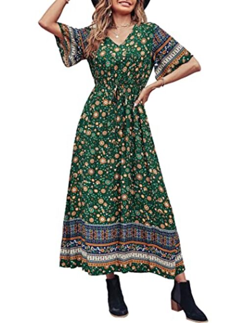 PRETTYGARDEN Women's Casual Floral Print V Neck Short Sleeve Summer Boho Beach Dress High Waist Long Maxi Dresses