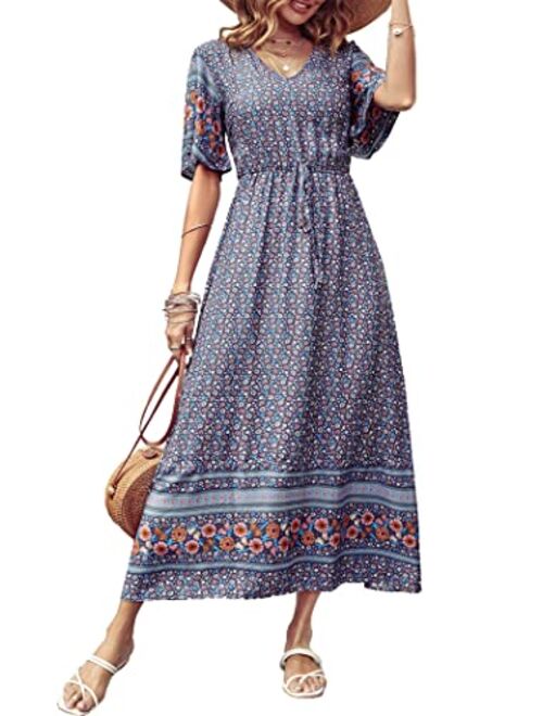 PRETTYGARDEN Women's Casual Floral Print V Neck Short Sleeve Summer Boho Beach Dress High Waist Long Maxi Dresses