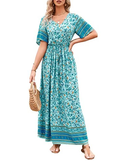 PRETTYGARDEN Women's Casual Floral Print V Neck Short Sleeve Summer Boho Beach Dress High Waist Long Maxi Dresses