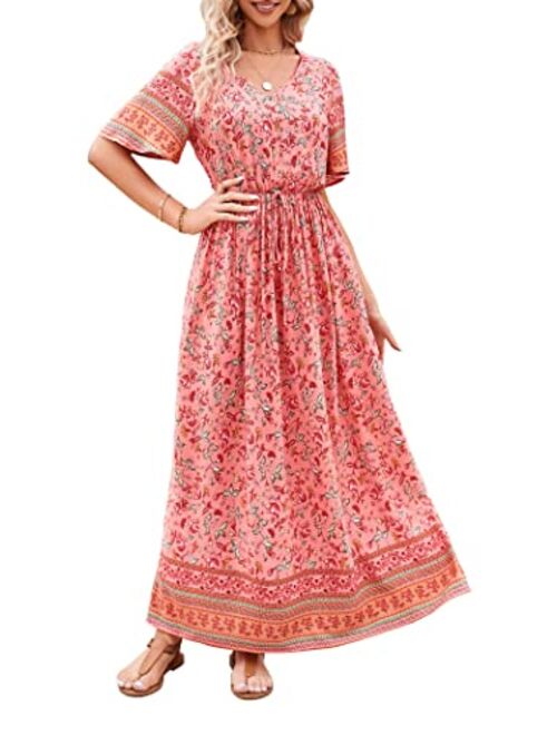 PRETTYGARDEN Women's Casual Floral Print V Neck Short Sleeve Summer Boho Beach Dress High Waist Long Maxi Dresses