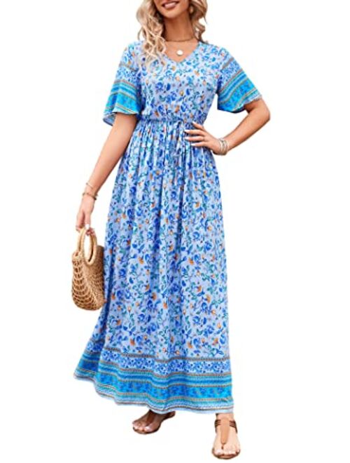 PRETTYGARDEN Women's Casual Floral Print V Neck Short Sleeve Summer Boho Beach Dress High Waist Long Maxi Dresses