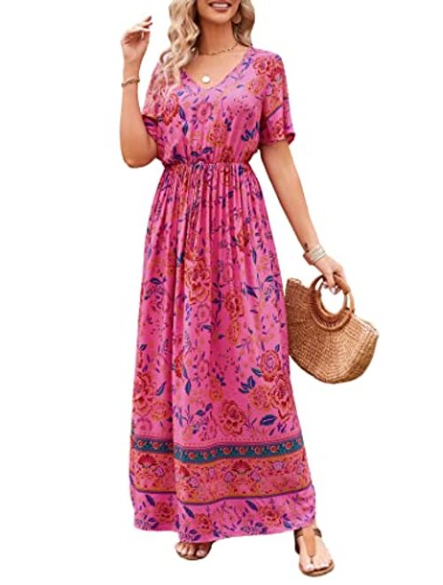 PRETTYGARDEN Women's Casual Floral Print V Neck Short Sleeve Summer Boho Beach Dress High Waist Long Maxi Dresses