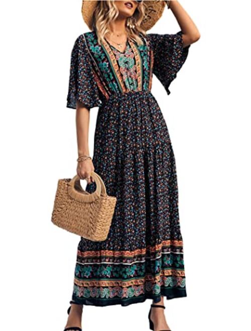 PRETTYGARDEN Women's Casual Floral Print V Neck Short Sleeve Summer Boho Beach Dress High Waist Long Maxi Dresses