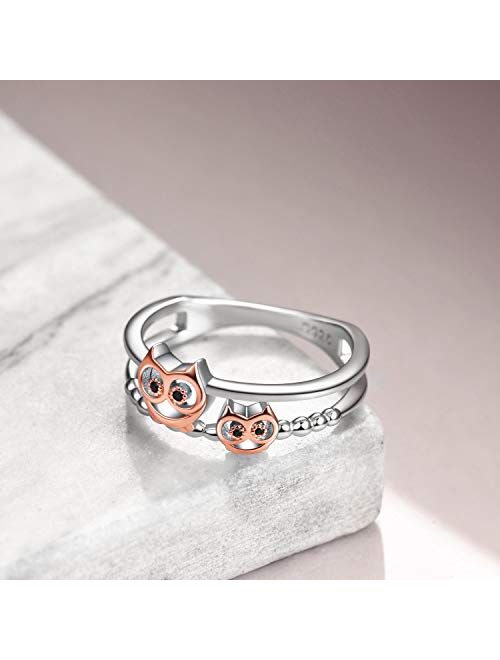 WIINNICACA S925 Sterling Silver Rose Gold Owls Ring - Animal Owl Jewelry Gifts for Women Owl Lovers Birthday