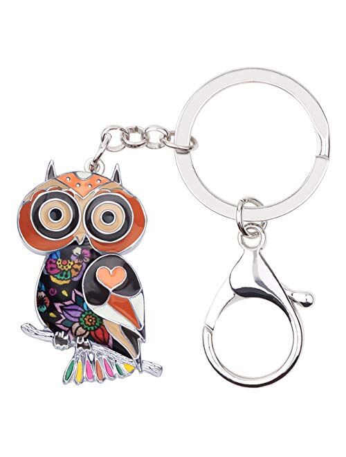 Bonsny Enamel Metal Floral Owl Birds Keychains Key Car Purse Bags Charms Party Favors Original Design