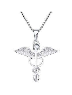 YL Caduceus Necklace Sterling Silver Doctor Nurse Themed Pendant Gemstones Angel Wings Snake Jewelry for Women