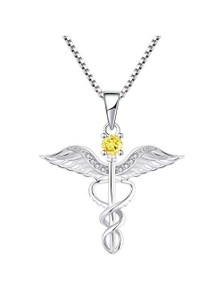 YL Caduceus Necklace Sterling Silver Doctor Nurse Themed Pendant Gemstones Angel Wings Snake Jewelry for Women