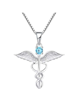 YL Caduceus Necklace Sterling Silver Doctor Nurse Themed Pendant Gemstones Angel Wings Snake Jewelry for Women