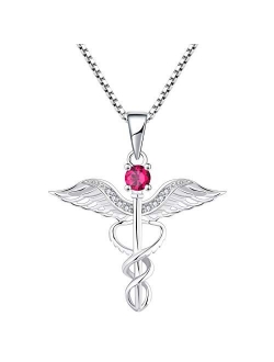 YL Caduceus Necklace Sterling Silver Doctor Nurse Themed Pendant Gemstones Angel Wings Snake Jewelry for Women