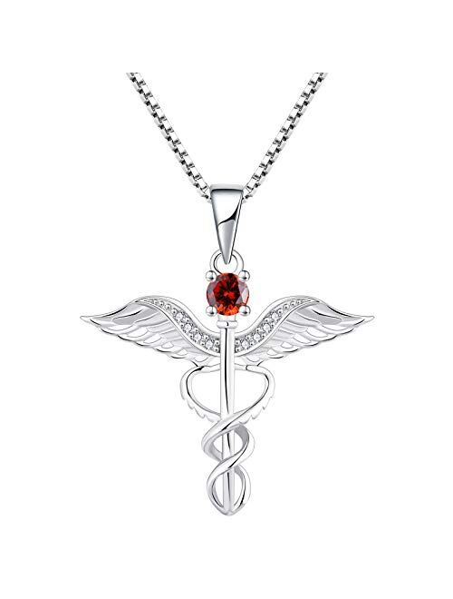 YL Caduceus Necklace Sterling Silver Doctor Nurse Themed Pendant Gemstones Angel Wings Snake Jewelry for Women